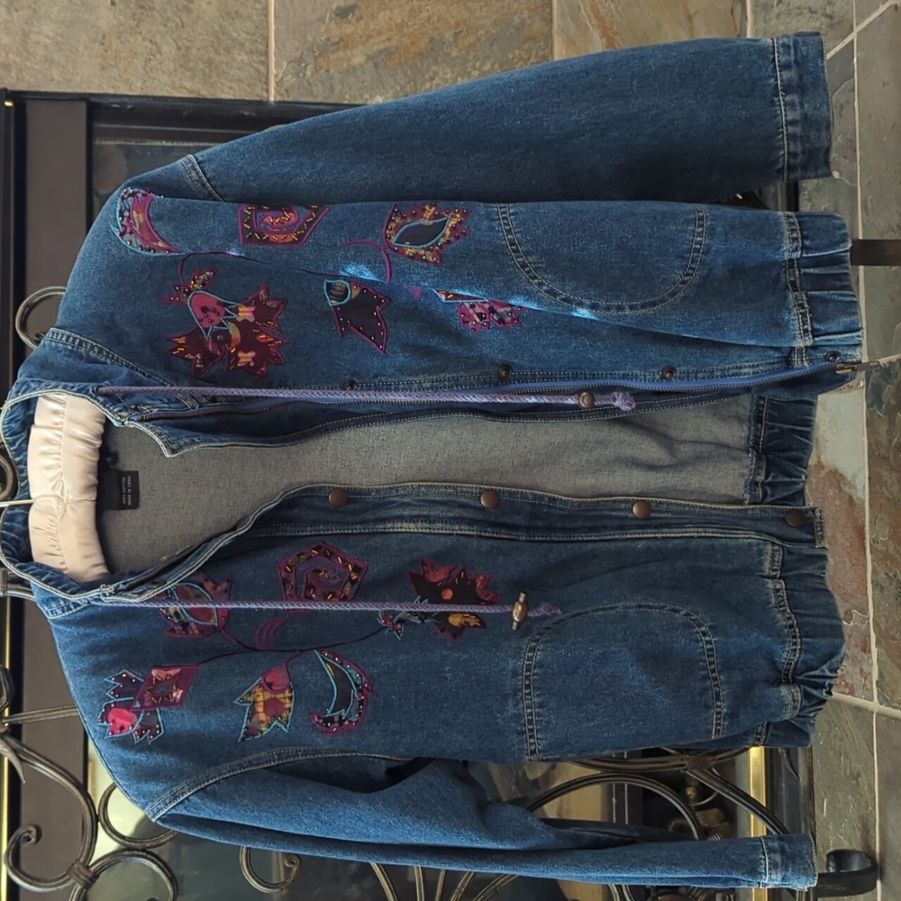 Carol Little Beaded & Embroidered Applique Denim Trucker Jacket size 6